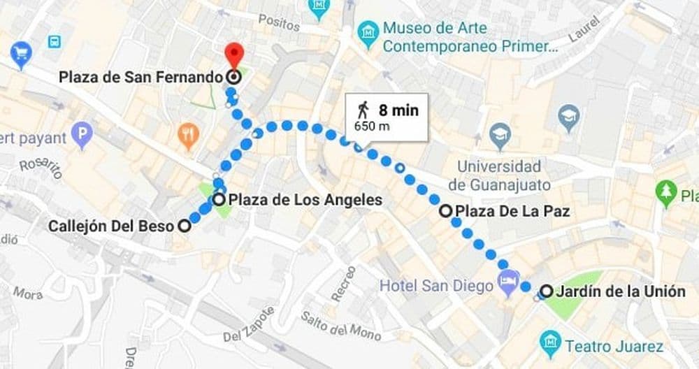 Guanajuato - De place en place (Données cartographique ©2018 Google,INEGI)